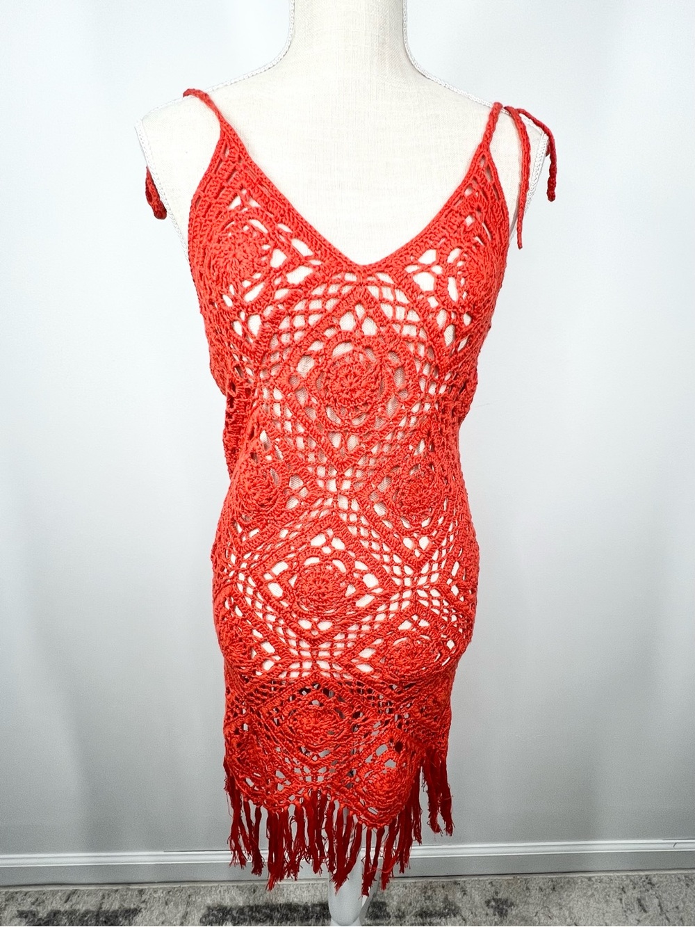 Forever 21 Orange Crochet Fringe Boho Beach Open Knit Dress Cover Up Medium